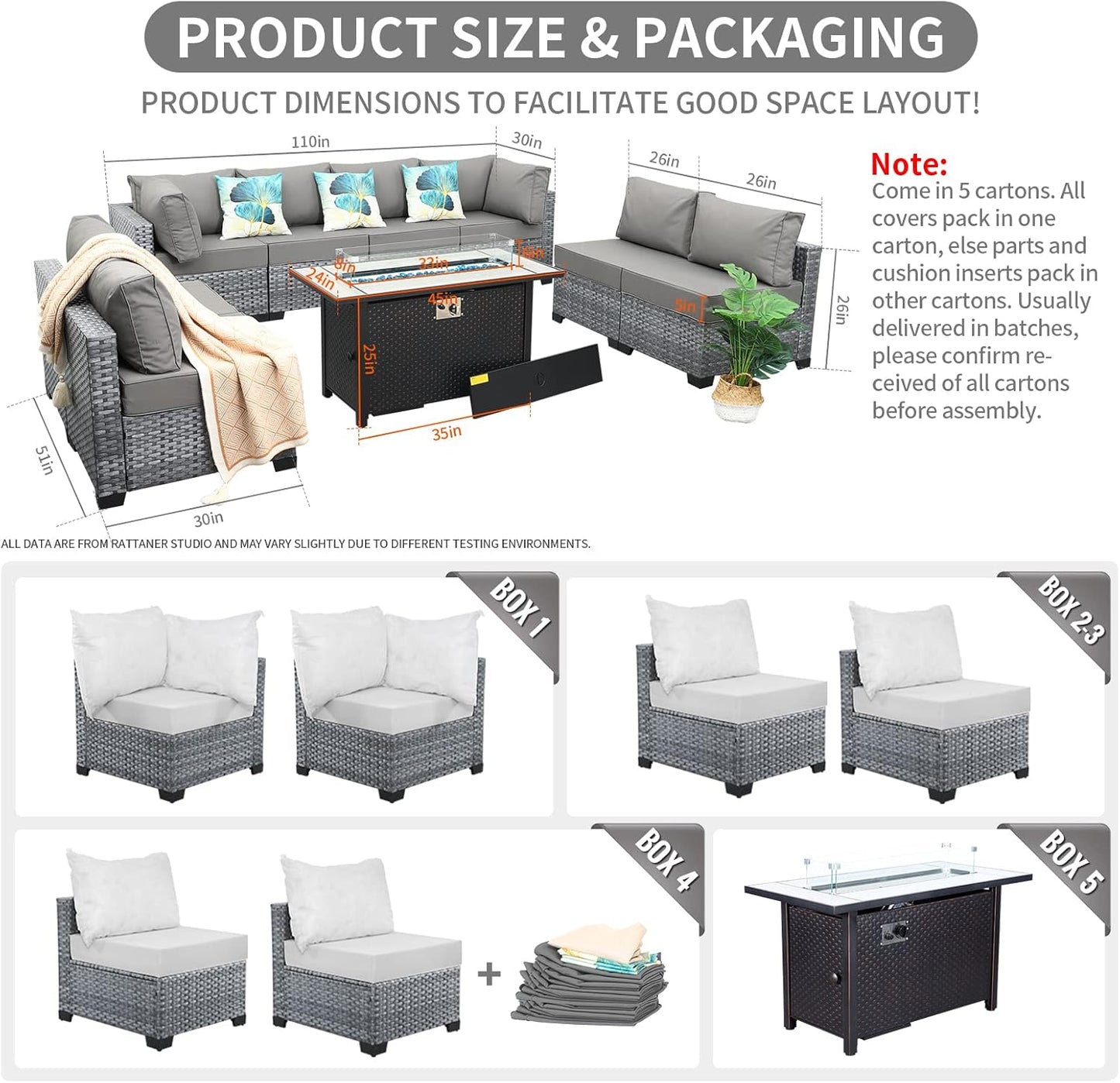 9 Pcs Patio Sectional Outdoor Furniture 45 Inches Fire Pit Outdoor Sectional Patio Furniture 60000 BTU Steel Propane Fire Pit Table Glass Wind Guard No-Slip 5" Cushions Waterproof Covers, Grey