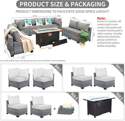 9 Pcs Patio Sectional Outdoor Furniture 45 Inches Fire Pit Outdoor Sectional Patio Furniture 60000 BTU Steel Propane Fire Pit Table Glass Wind Guard No-Slip 5" Cushions Waterproof Covers, Grey
