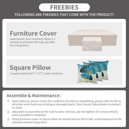 9 Pcs Patio Sectional Outdoor Furniture 45 Inches Fire Pit Outdoor Sectional Patio Furniture 60000 BTU Steel Propane Fire Pit Table Glass Wind Guard No-Slip 5" Cushions Waterproof Covers, Grey