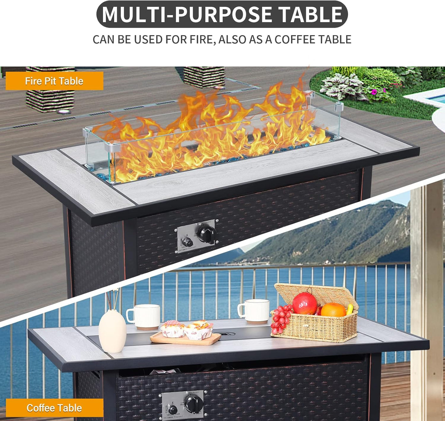 9 Pcs Patio Sectional Outdoor Furniture 45 Inches Fire Pit Outdoor Sectional Patio Furniture 60000 BTU Steel Propane Fire Pit Table Glass Wind Guard No-Slip 5" Cushions Waterproof Covers, Grey